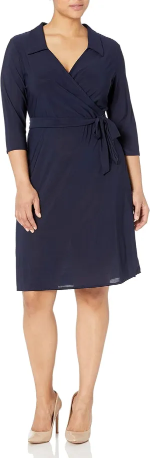 Star Vixen Women's Plus-Size 3/4 Sleeve Faux Wrap Dress with Collar, Navy, 2X
