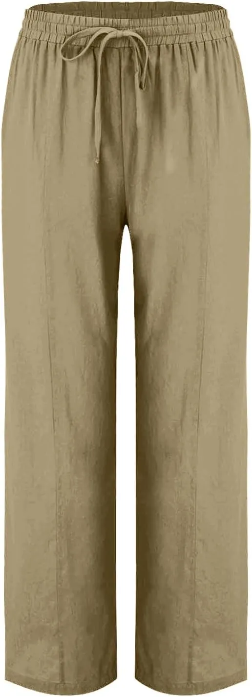 Straight Leg Cotton Linen Pants Women Summer Beach Lounge Pants Elastic Waist Drawstring Casual Trousers with Pockets