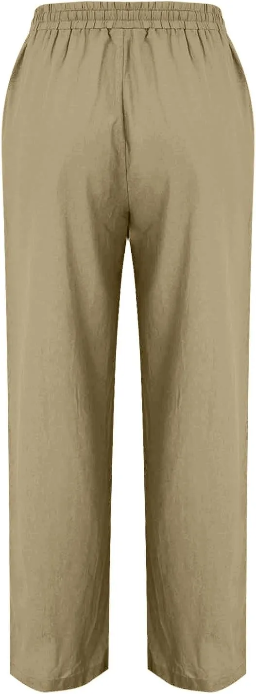 Straight Leg Cotton Linen Pants Women Summer Beach Lounge Pants Elastic Waist Drawstring Casual Trousers with Pockets