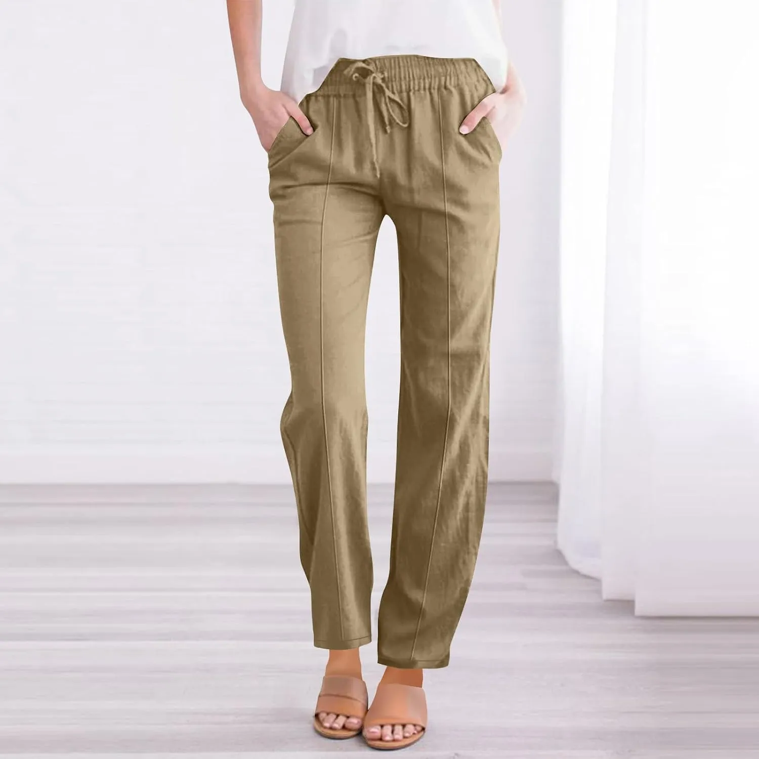 Straight Leg Cotton Linen Pants Women Summer Beach Lounge Pants Elastic Waist Drawstring Casual Trousers with Pockets