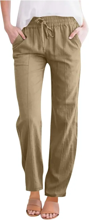 Straight Leg Cotton Linen Pants Women Summer Beach Lounge Pants Elastic Waist Drawstring Casual Trousers with Pockets