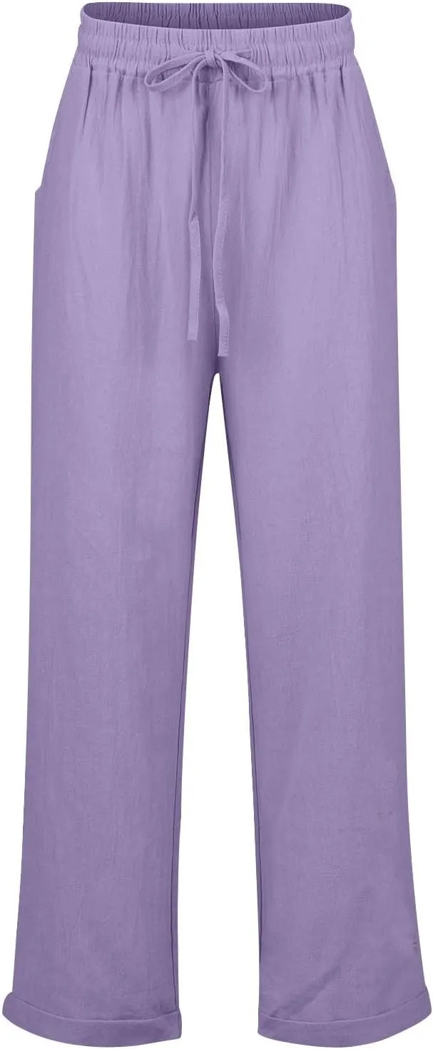 Straight Leg Pants for Women Casual High Waisted Linen Capri Pants Lightweight Comfy Lounge Trousers with Pockets