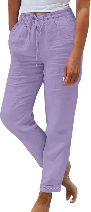 Straight Leg Pants for Women Casual High Waisted Linen Capri Pants Lightweight Comfy Lounge Trousers with Pockets