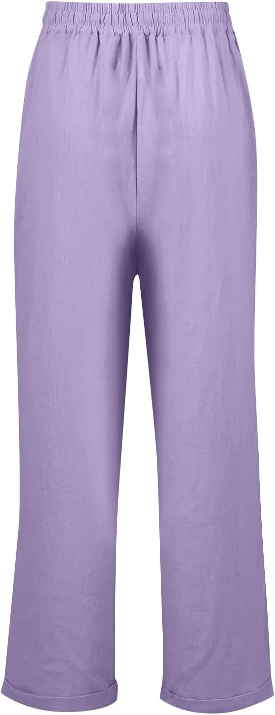 Straight Leg Pants for Women Casual High Waisted Linen Capri Pants Lightweight Comfy Lounge Trousers with Pockets