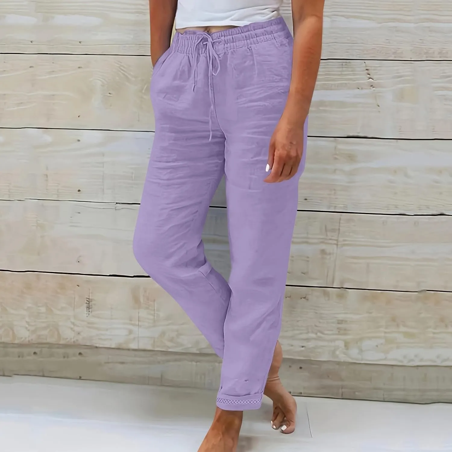 Straight Leg Pants for Women Casual High Waisted Linen Capri Pants Lightweight Comfy Lounge Trousers with Pockets