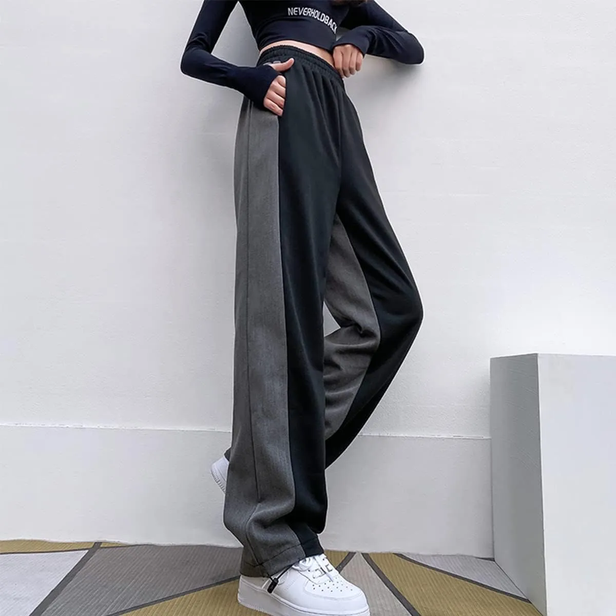 Straight Leg Sweatpants for Women Y2k Baggy Joggers for Women Patchwork Elastic High Waist Pants Soft Lounge Trouser