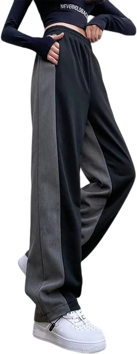 Straight Leg Sweatpants for Women Y2k Baggy Joggers for Women Patchwork Elastic High Waist Pants Soft Lounge Trouser