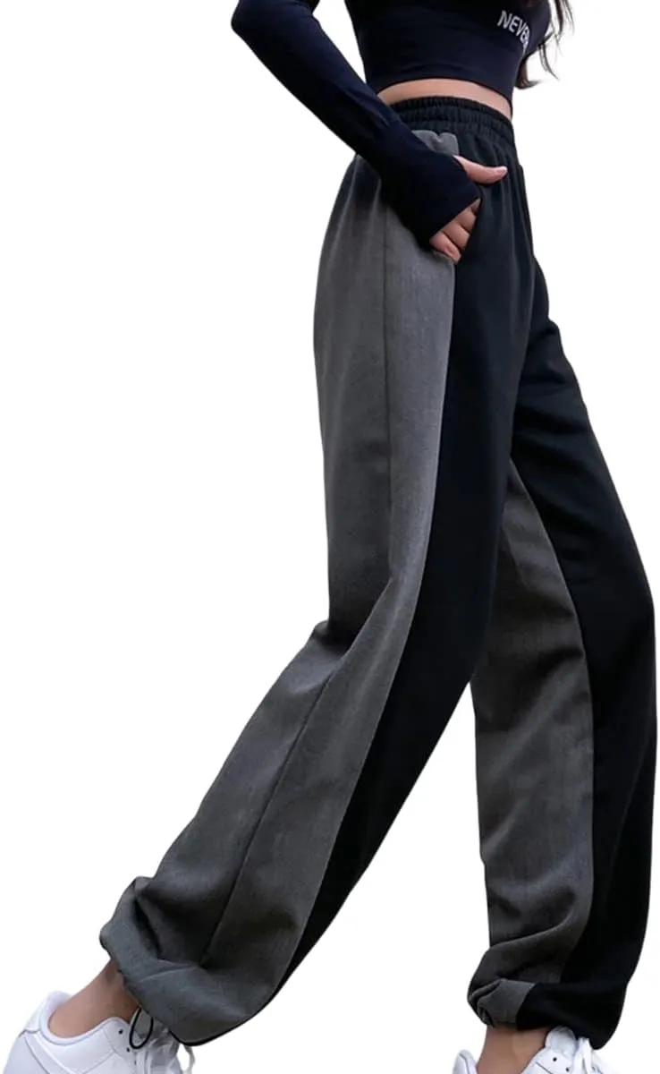 Straight Leg Sweatpants for Women Y2k Baggy Joggers for Women Patchwork Elastic High Waist Pants Soft Lounge Trouser