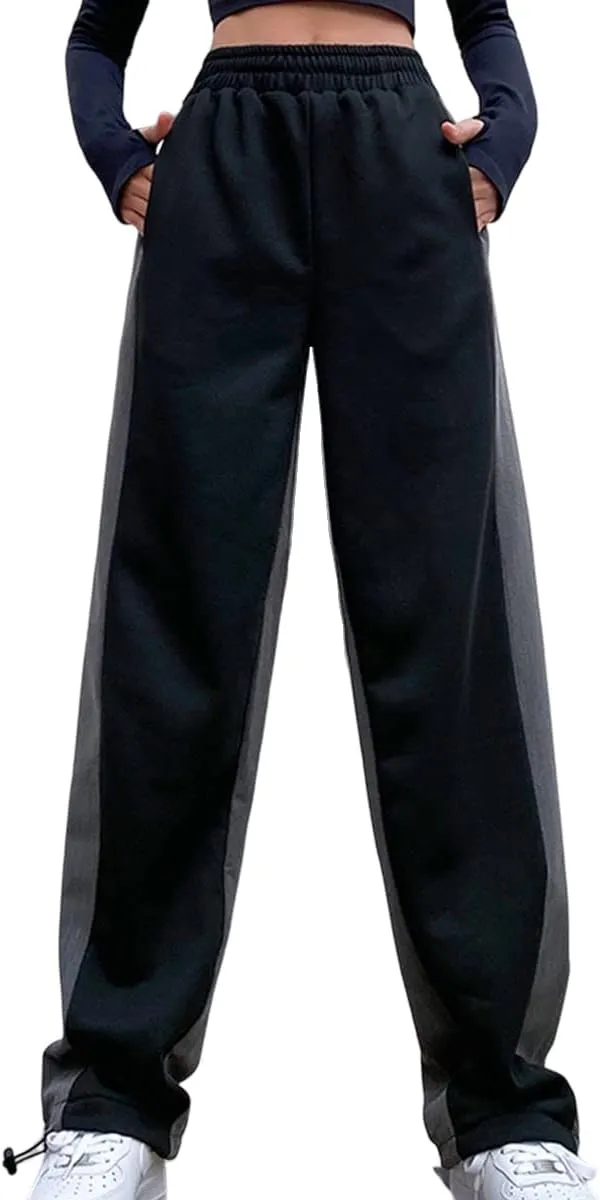 Straight Leg Sweatpants for Women Y2k Baggy Joggers for Women Patchwork Elastic High Waist Pants Soft Lounge Trouser