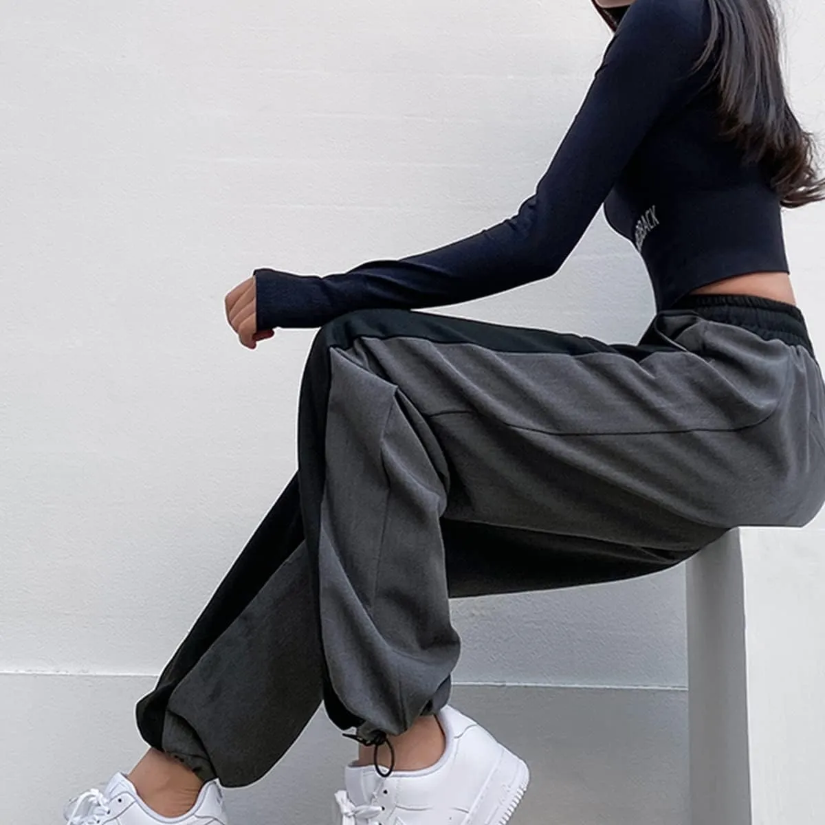 Straight Leg Sweatpants for Women Y2k Baggy Joggers for Women Patchwork Elastic High Waist Pants Soft Lounge Trouser