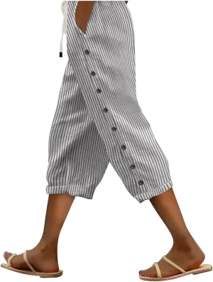 Striped Linen Pants Women Casual Capri Pants Loose Spring Summer Lightweight Drawstring Side Button Pants with Pockets