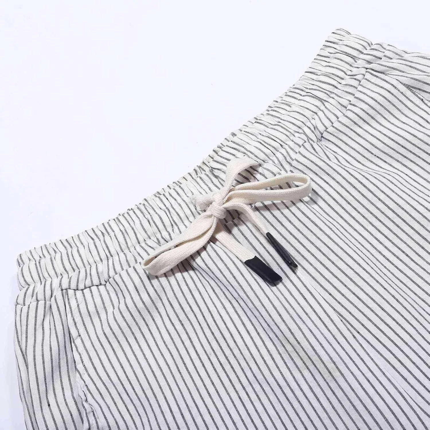 Striped Linen Pants Women Casual Capri Pants Loose Spring Summer Lightweight Drawstring Side Button Pants with Pockets