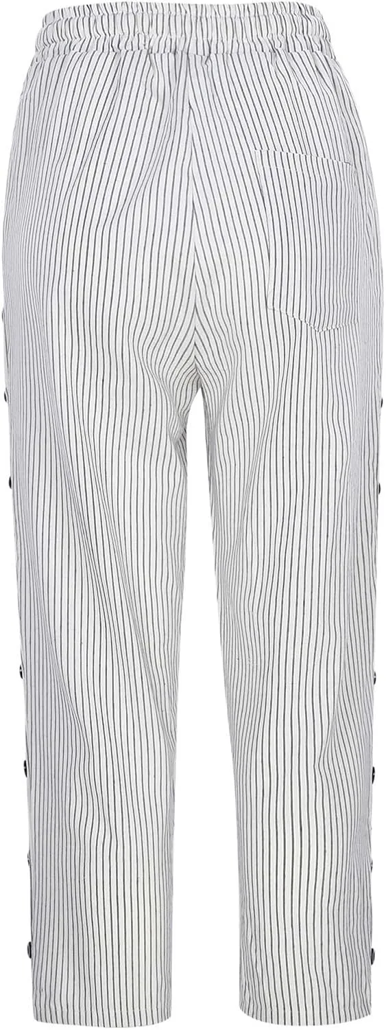 Striped Linen Pants Women Casual Capri Pants Loose Spring Summer Lightweight Drawstring Side Button Pants with Pockets