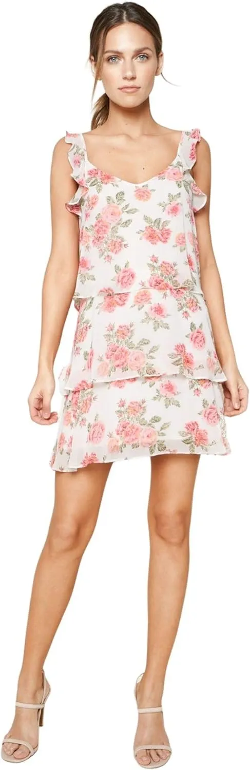 Sugar Lips Women's Garden of Roses Floral Print Tiered Ruffle Mini Dress