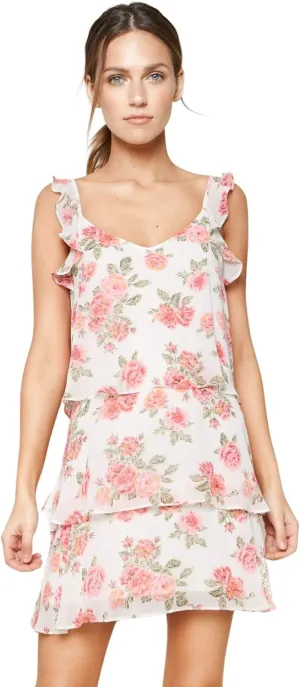 Sugar Lips Women's Garden of Roses Floral Print Tiered Ruffle Mini Dress