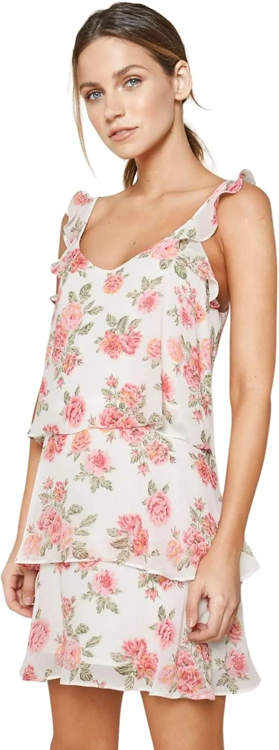 Sugar Lips Women's Garden of Roses Floral Print Tiered Ruffle Mini Dress