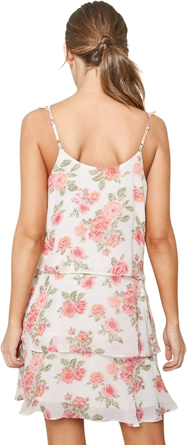 Sugar Lips Women's Garden of Roses Floral Print Tiered Ruffle Mini Dress