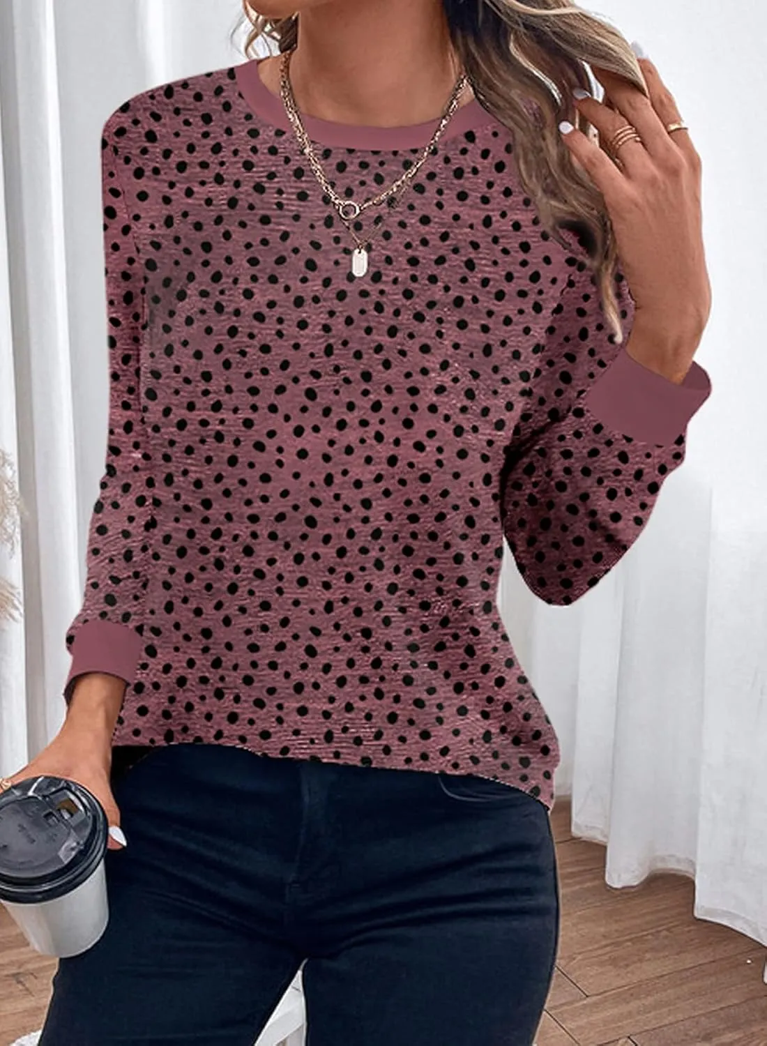 Sulozom Womens Long Sleeve Shirts Crewneck Leopard Printed Tops for Women Casual Dressy Blouses Tee Basic Tops