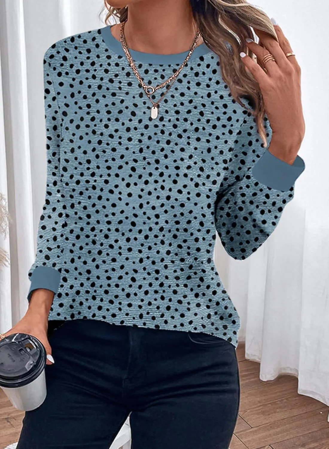 Sulozom Womens Long Sleeve Shirts Crewneck Leopard Printed Tops for Women Casual Dressy Blouses Tee Basic Tops