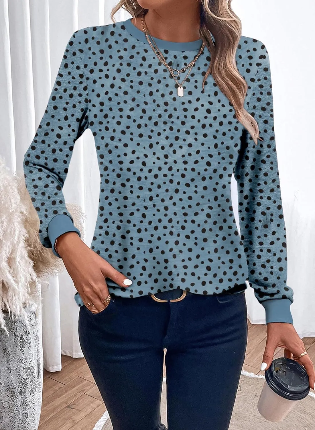 Sulozom Womens Long Sleeve Shirts Crewneck Leopard Printed Tops for Women Casual Dressy Blouses Tee Basic Tops