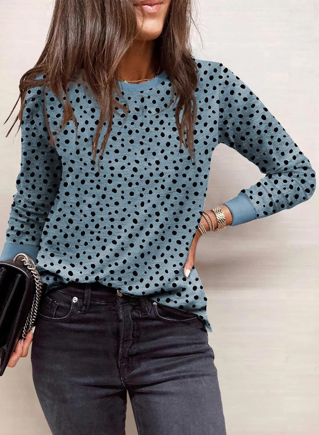 Sulozom Womens Long Sleeve Shirts Crewneck Leopard Printed Tops for Women Casual Dressy Blouses Tee Basic Tops