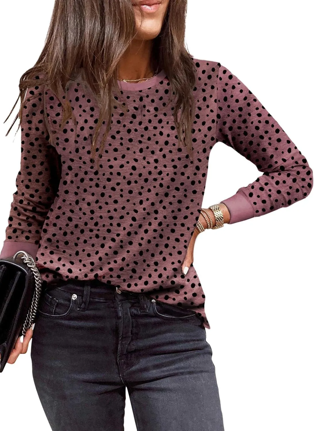 Sulozom Womens Long Sleeve Shirts Crewneck Leopard Printed Tops for Women Casual Dressy Blouses Tee Basic Tops
