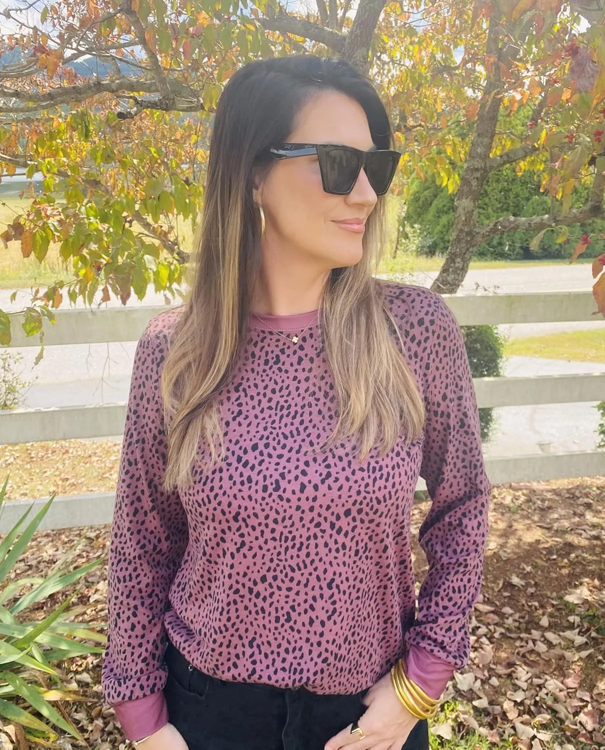Sulozom Womens Long Sleeve Shirts Crewneck Leopard Printed Tops for Women Casual Dressy Blouses Tee Basic Tops