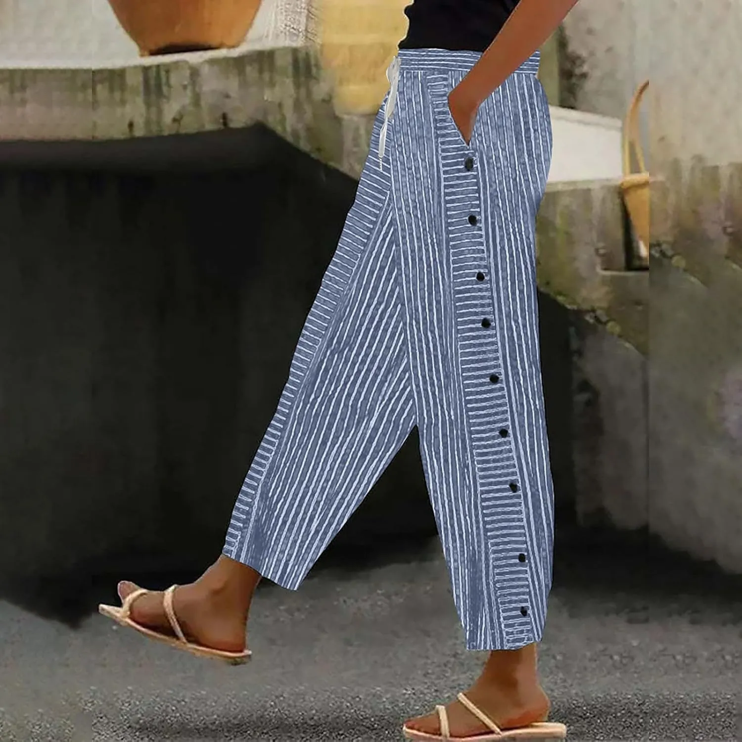Summer Drawstring Casual Lounge Pant Waistband High Waistband Pocket Pants Side Nine Point Loose Casual