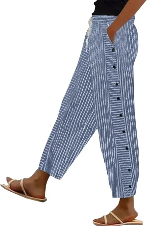 Summer Drawstring Casual Lounge Pant Waistband High Waistband Pocket Pants Side Nine Point Loose Casual
