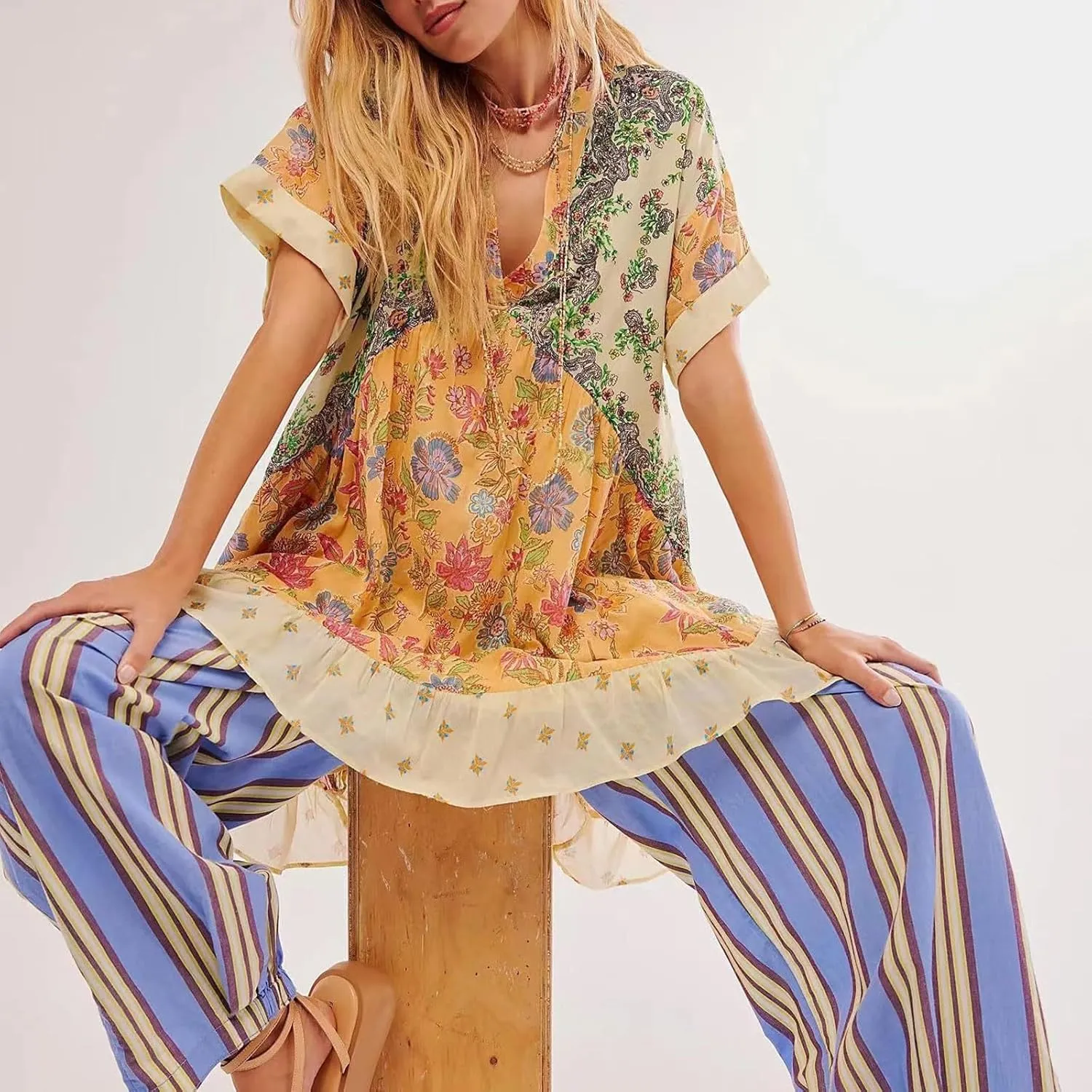 Summer Dresses for Women 2025 Deep V Neck Casual Boho Midi Dress Flowy Ruffle Hem Baggy Beach Vacation Sundresses