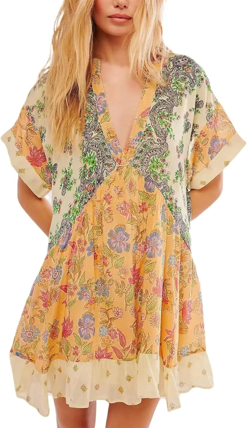 Summer Dresses for Women 2025 Deep V Neck Casual Boho Midi Dress Flowy Ruffle Hem Baggy Beach Vacation Sundresses