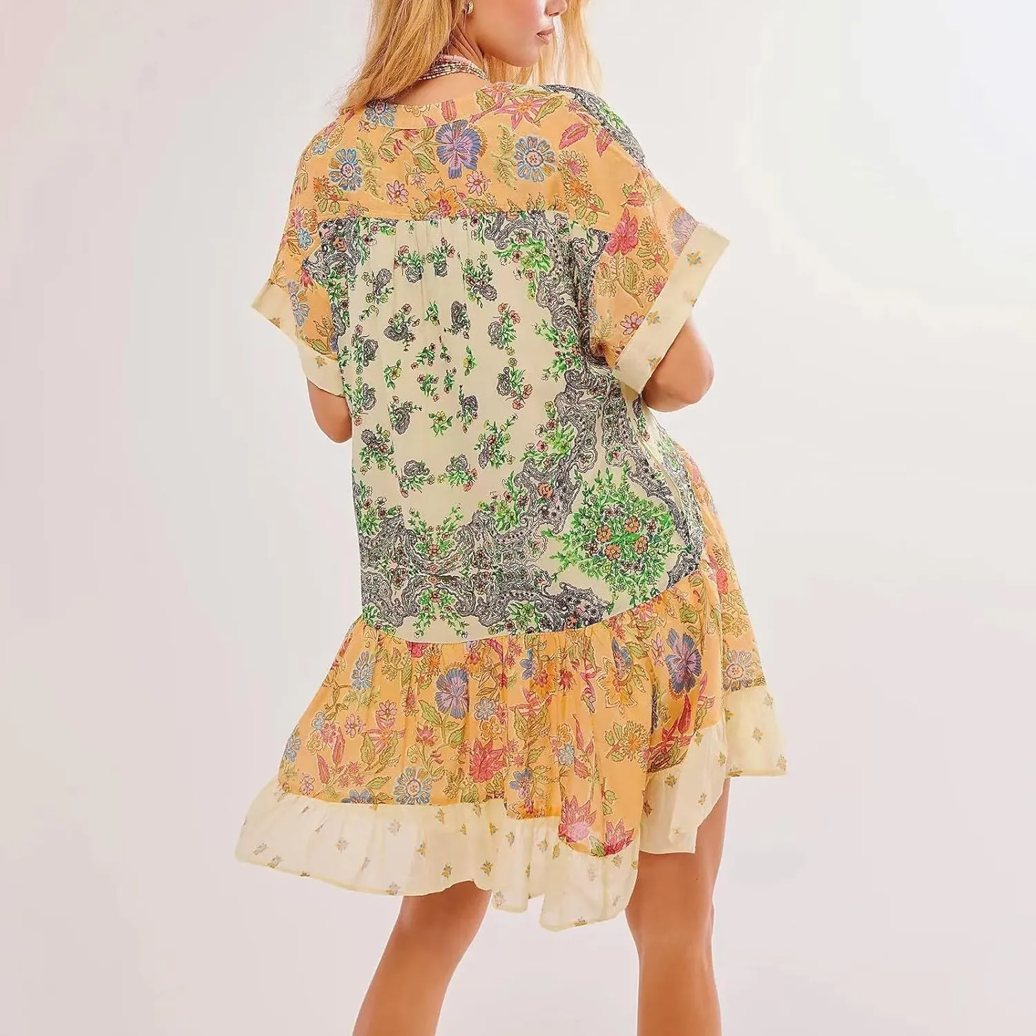 Summer Dresses for Women 2025 Deep V Neck Casual Boho Midi Dress Flowy Ruffle Hem Baggy Beach Vacation Sundresses