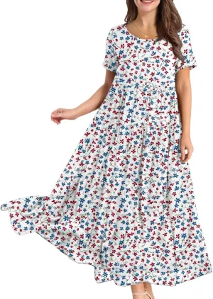 Summer Dresses for Women 2025 Short Sleeve Long Maxi Casual Loose Bohemian Floral Dresses;Womens Fashion