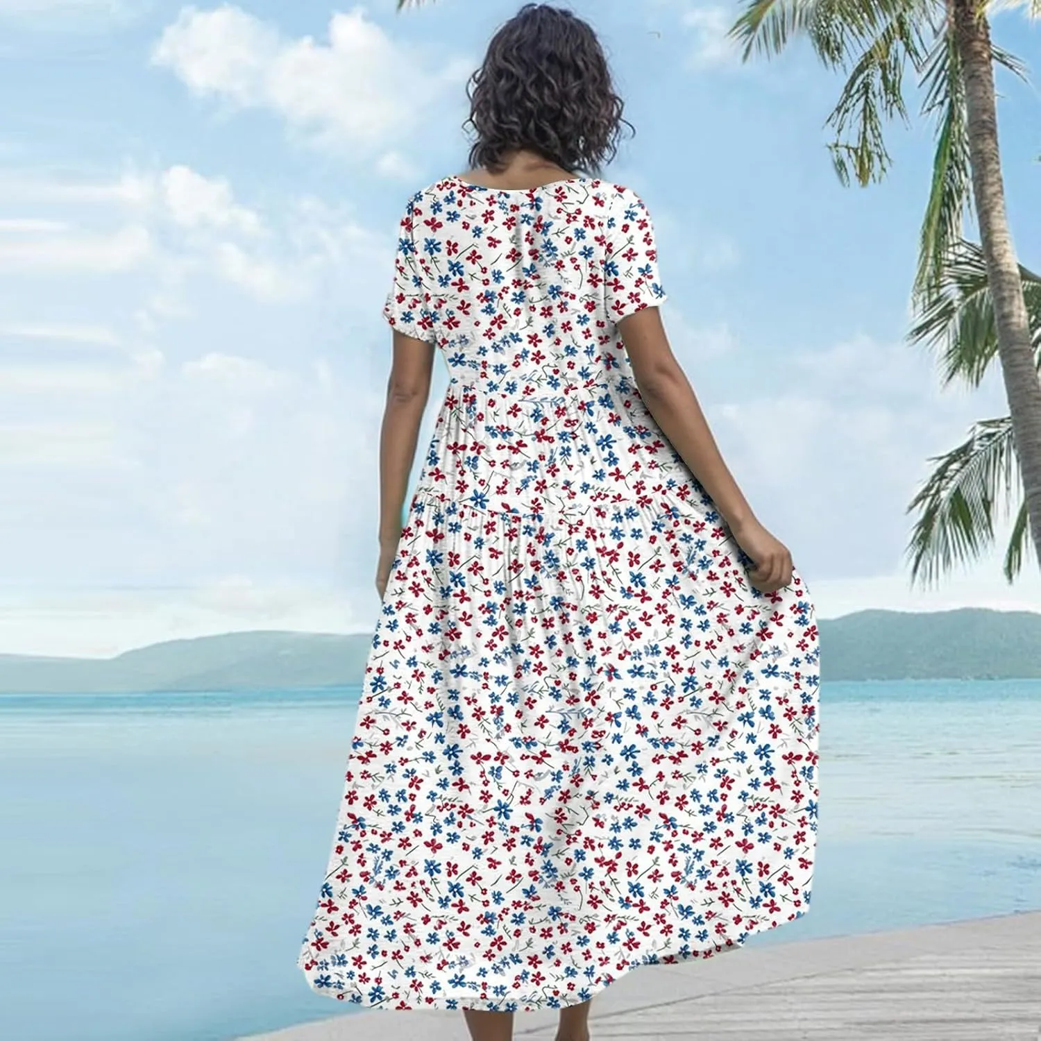 Summer Dresses for Women 2025 Short Sleeve Long Maxi Casual Loose Bohemian Floral Dresses;Womens Fashion