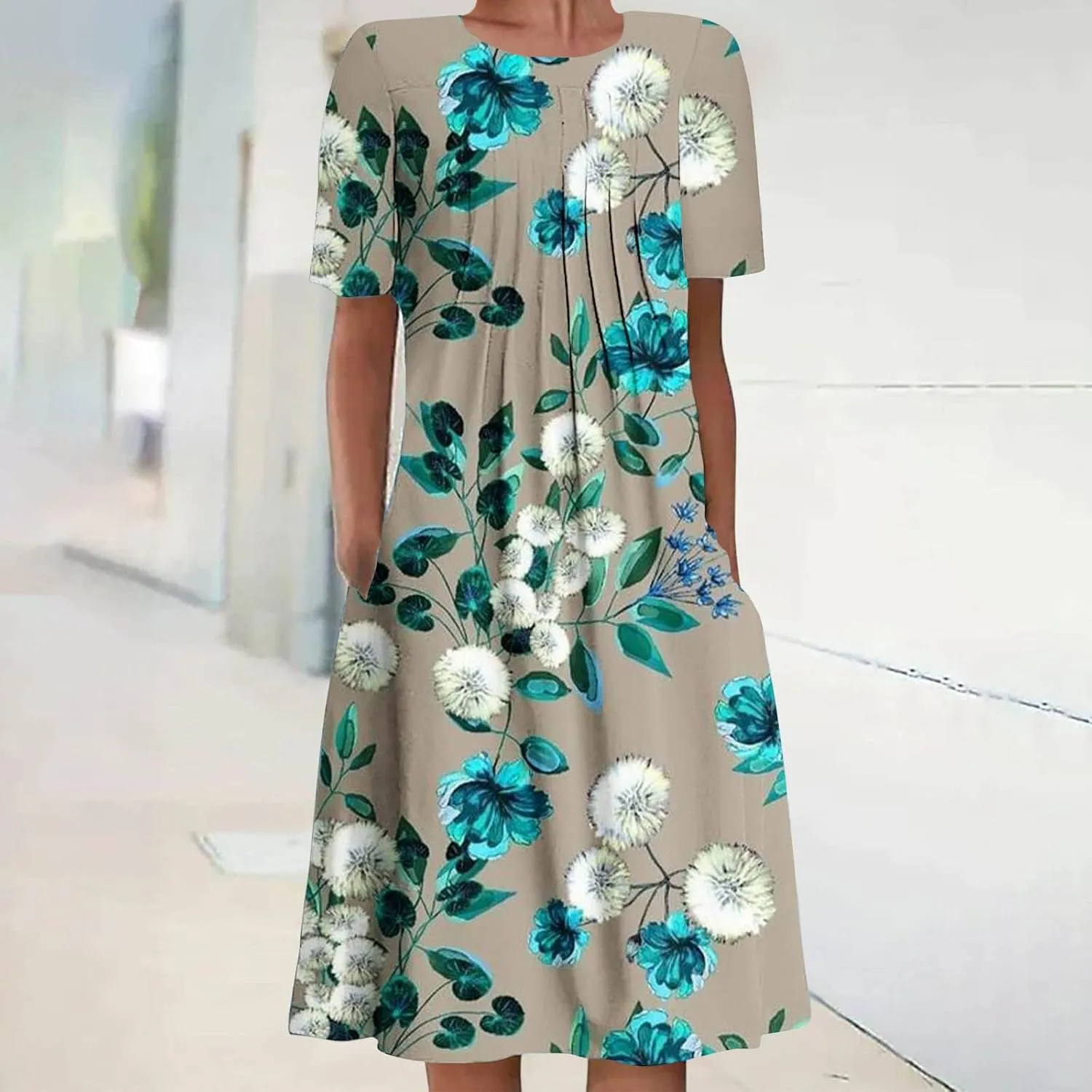 Summer Dresses for Women, Beach Floral Sundress Short Sleeve Pockets Casual Tshirt Dress Ruched A-Line Dress