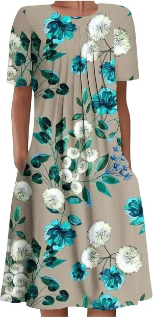 Summer Dresses for Women, Beach Floral Sundress Short Sleeve Pockets Casual Tshirt Dress Ruched A-Line Dress