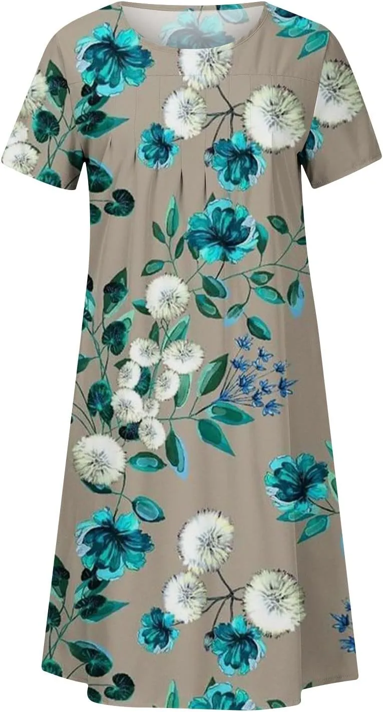 Summer Dresses for Women, Beach Floral Sundress Short Sleeve Pockets Casual Tshirt Dress Ruched A-Line Dress