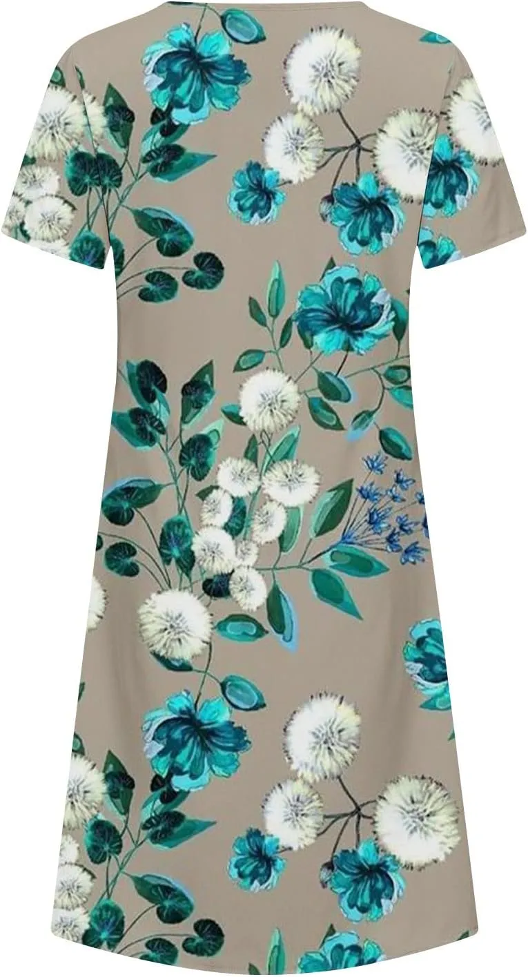 Summer Dresses for Women, Beach Floral Sundress Short Sleeve Pockets Casual Tshirt Dress Ruched A-Line Dress