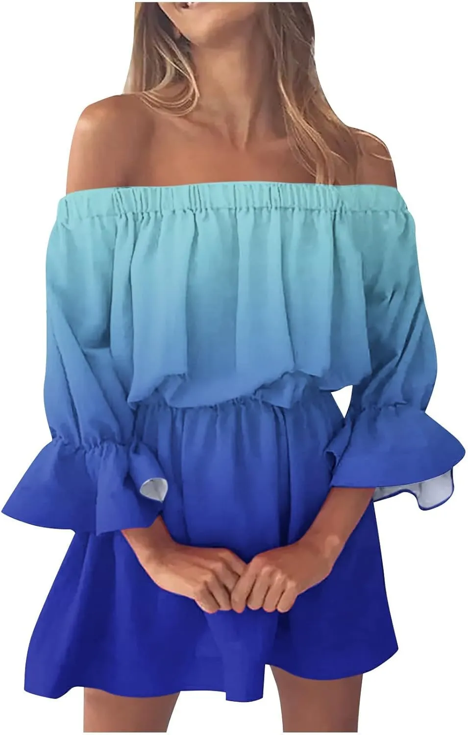 Summer Dresses for Women Boho Beach Sexy Off Shoulder Tunic Sundresses Casual Loose Fit Sleeve Mini Floral Dress