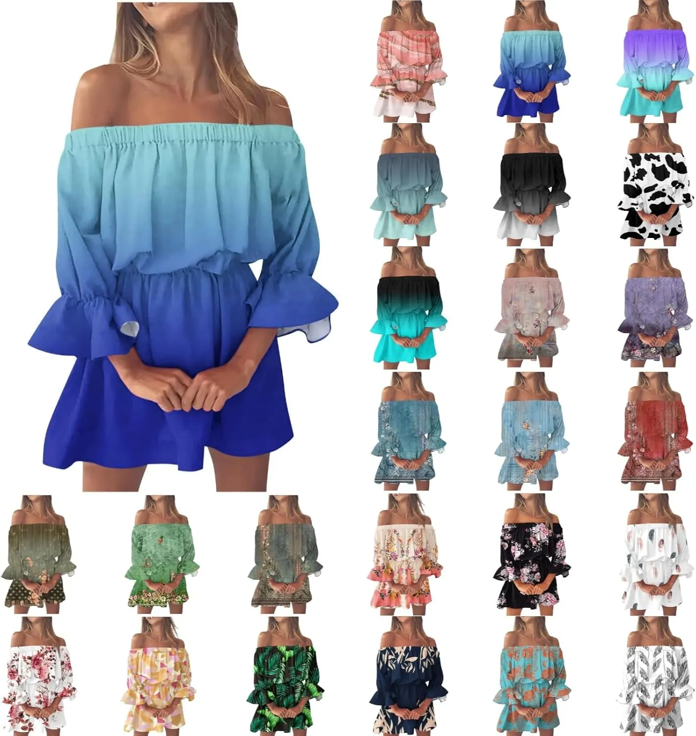 Summer Dresses for Women Boho Beach Sexy Off Shoulder Tunic Sundresses Casual Loose Fit Sleeve Mini Floral Dress