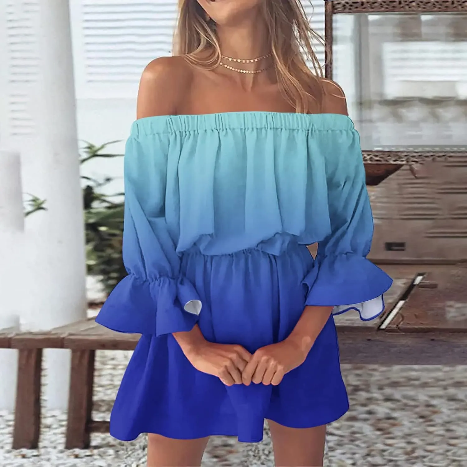 Summer Dresses for Women Boho Beach Sexy Off Shoulder Tunic Sundresses Casual Loose Fit Sleeve Mini Floral Dress
