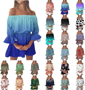 Summer Dresses for Women Boho Beach Sexy Off Shoulder Tunic Sundresses Casual Loose Fit Sleeve Mini Floral Dress