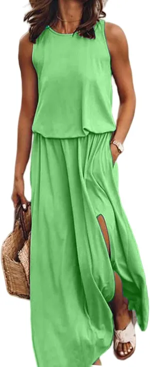 Summer Dresses for Women Casual Loose Sundress Split Maxi Dress Sleeveless Long Beach Dress Travel Vacation Outfits