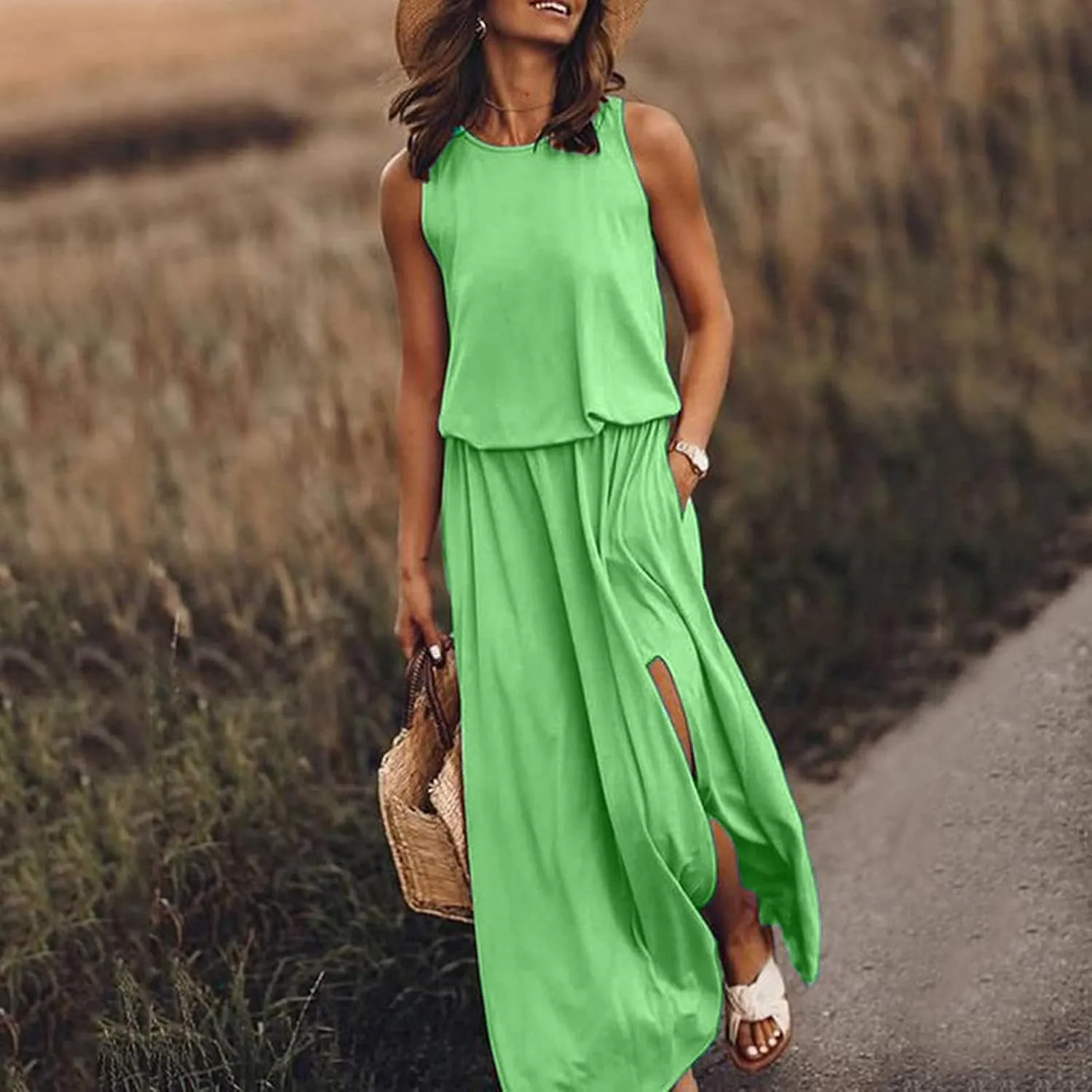 Summer Dresses for Women Casual Loose Sundress Split Maxi Dress Sleeveless Long Beach Dress Travel Vacation Outfits