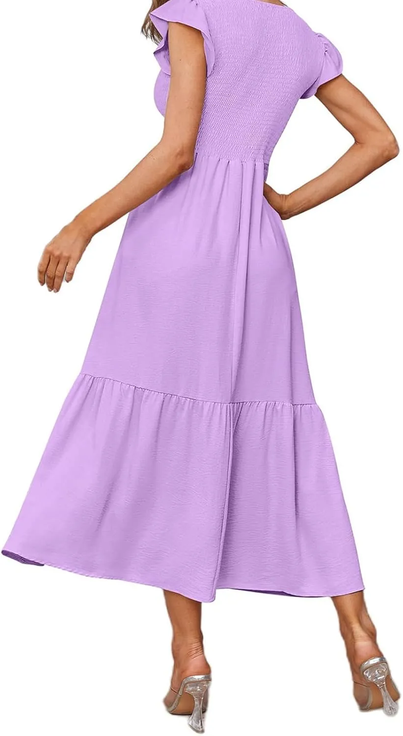 Summer Dresses for Women Ruffle Cap Sleeve Maxi Dress High Waist Tiered A Line Flowy Beach Long Sun Dresses with Pocket