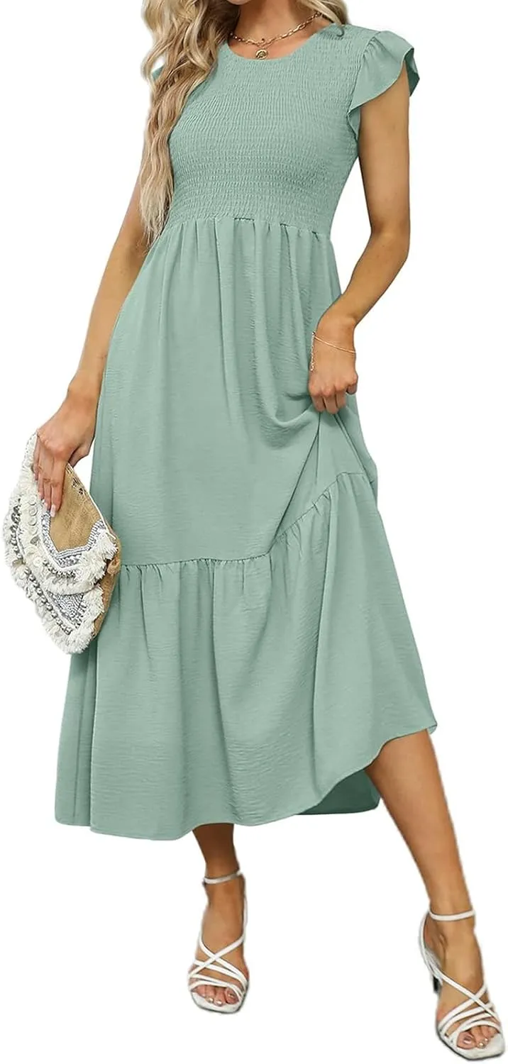 Summer Dresses for Women Ruffle Cap Sleeve Maxi Dress High Waist Tiered A Line Flowy Beach Long Sun Dresses with Pocket