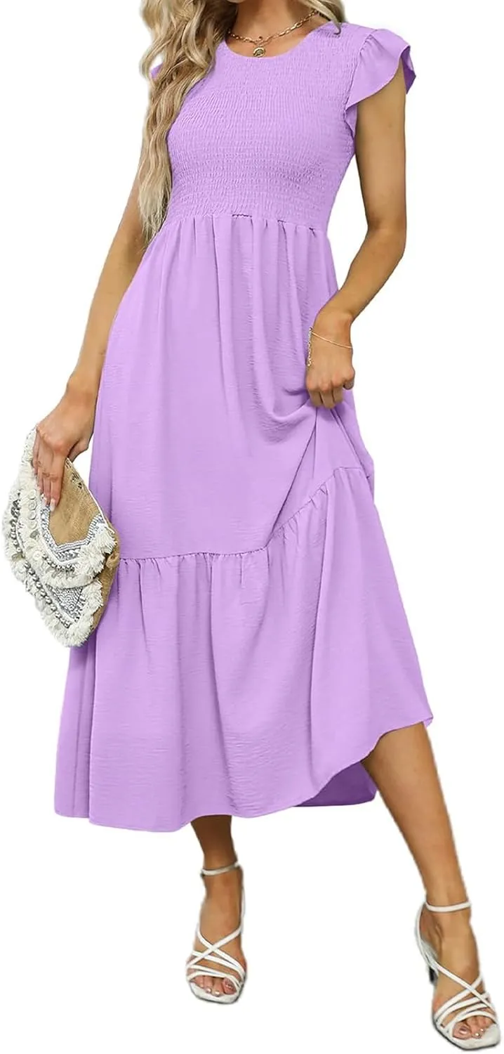 Summer Dresses for Women Ruffle Cap Sleeve Maxi Dress High Waist Tiered A Line Flowy Beach Long Sun Dresses with Pocket