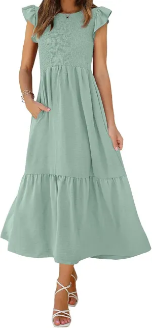 Summer Dresses for Women Ruffle Cap Sleeve Maxi Dress High Waist Tiered A Line Flowy Beach Long Sun Dresses with Pocket