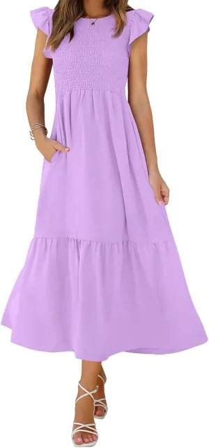 Summer Dresses for Women Ruffle Cap Sleeve Maxi Dress High Waist Tiered A Line Flowy Beach Long Sun Dresses with Pocket