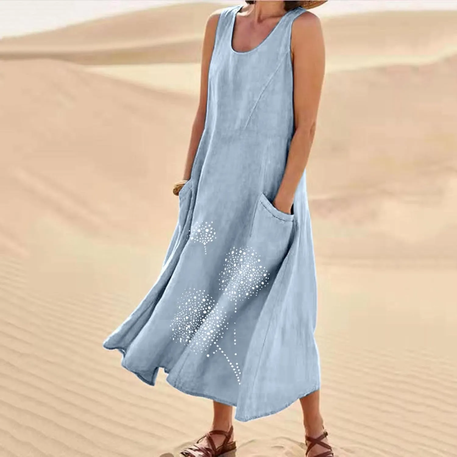 Summer Dresses for Women's 2025 Casual Cotton Linen Crewneck Sleeveless Sundress with Pocket Plus Size Boho Long Dress